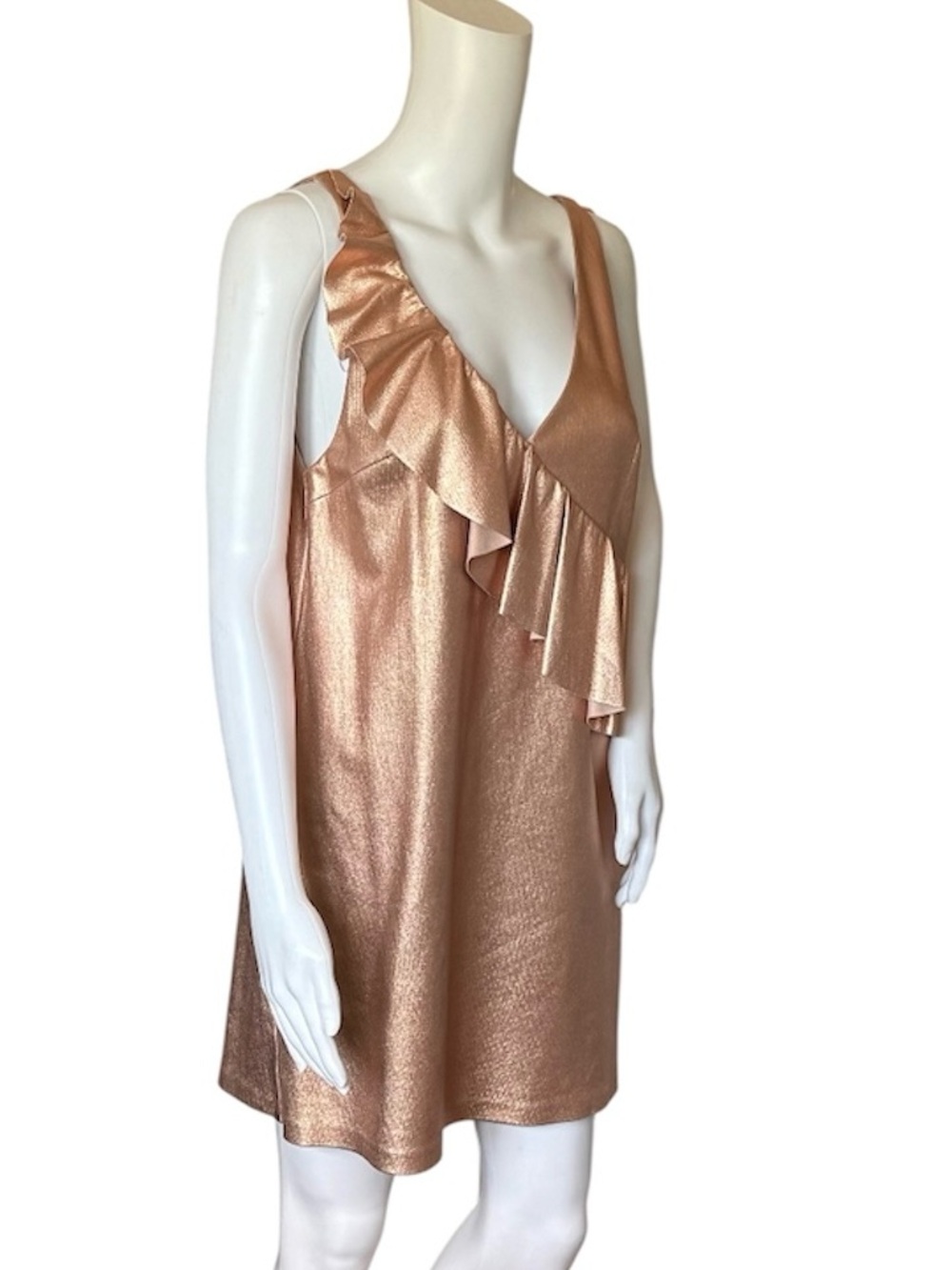 Zara Women's Cocktail Dress Sz M metallic Pink Sleeveless V-Neck and Ruffles